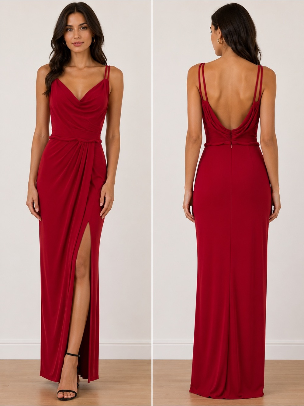 PromGirl Red Cowl Neck Backless Evening Gown